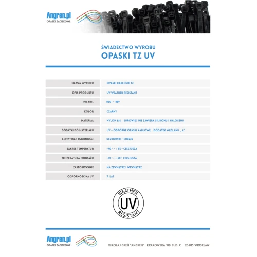 Wysokiej jakości opaski zaciskowe z certyfikatem Czarne UV 370x3,6mm